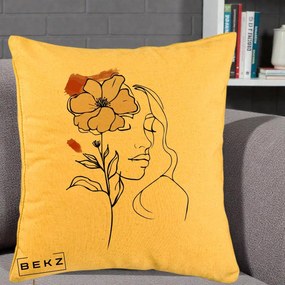 Perna Decorativa Portret Feminin Floare Bej Terracotta, 40x40 cm, Galben, Husa Detasabila, Perna Inclusa, BEKZ®