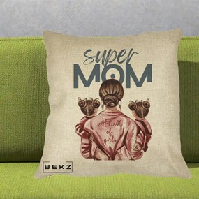 Cadou pentru Mama - Perna Personalizata Super Mom of Girls Mama cu Gemene, 40x40 cm, Crem, Husa Detasabila, Perna Inclusa, BEKZ®