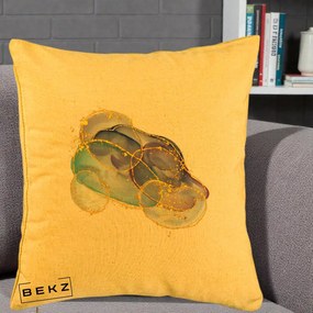 Perna Decorativa Abstract Acuarela Albastru-Mov cu Cercuri Aurii, 40x40 cm, Galben, Husa Detasabila, Perna Inclusa, BEKZ®