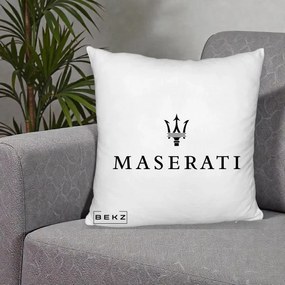 Perna Personalizata cu emblema Maserati, 40x40 cm, Alb Pufos, Husa Detasabila, Perna Inclusa, BEKZ®