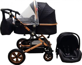 Carucior nou nascuti 3 in 1 Baby Care™ PRO 530 ,Cu geanta bebe, Cadru Aluminiu Gold, Amortizoare, Roti din cauciuc plin AVE, Landou, Scoica auto,