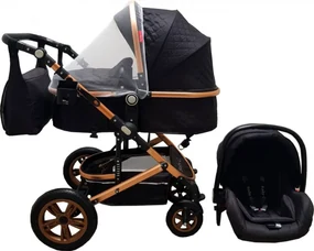 Carucior nou nascuti 3 in 1 Baby Care™ PRO 530 ,Cu geanta bebe, Cadru Aluminiu Gold, Amortizoare, Roti din cauciuc plin AVE, Landou, Scoica auto,