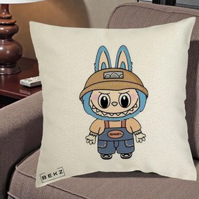 Perna Personalizata Labubu Toanart Blugi, 40x40 cm, Ecru, Husa Detasabila, Perna Inclusa, BEKZ®