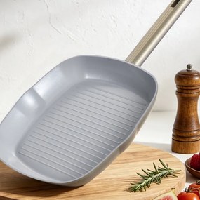 Tigaie grill Swiss Haus SH-SCGP28CH, 28 cm, acoperire ceramică Sapphire, pentru plite cu inducție, culoare șampanie