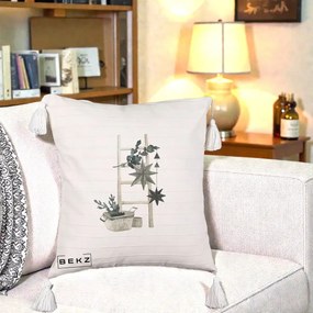 Perna Decorativa Scara Scandinavica cu Stele, 40x40 cm, Bej cu Franjuri, Husa Detasabila, Perna Inclusa, BEKZ®
