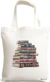 Sacosa de Panza pentru Cumparaturi, Geanta Tote, model Books 2 38 x 34.5 cm, Alba, BEKZ®