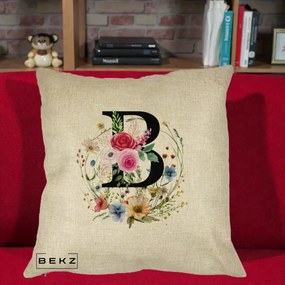 Cadou Personalizat - Perna Personalizata Monogram Litera B cu Flori Acuarela, 40x40 cm, Crem, Husa Detasabila, Perna Inclusa, BEKZ®