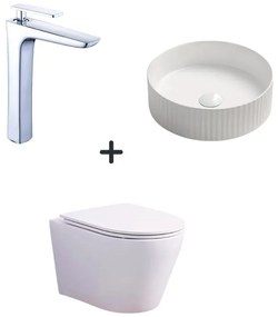 Set vas wc rimless cu capac soft close, lavoar baie rotund alb si baterie chiuveta Foglia