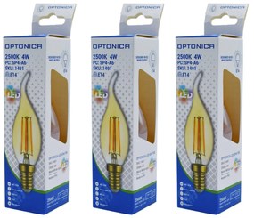 Set 3 becuri LED flacara Vintage filament 4W(35W) Optonica, E14, 400 lm, lumina calda (2500K), auriu, clasa energetica F