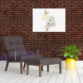 Tablou pe sticlă - Flori bej cu fluture N⁰3 (70x50 cm)