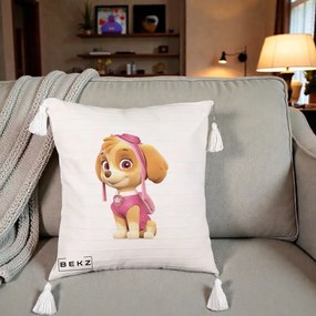 Perna Personalizata Skye PAW Patrol Roz, 40x40 cm, Bej cu Franjuri, Husa Detasabila, Perna Inclusa, BEKZ®