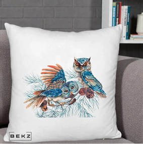 Perna Decorativa Bufnite de Iarna Albastre, 40x40 cm, Alb Pufos, Husa Detasabila, Perna Inclusa, BEKZ®