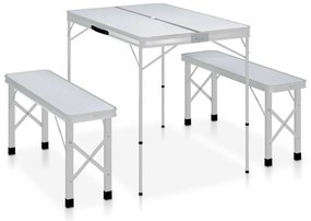 vidaXL Masă de camping pliabilă cu 2 bănci, alb, aluminiu