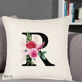 Cadou Personalizat - Perna Personalizata Monograma Florala Litera R, 40x40 cm, Crem Reliefat, Husa Detasabila, Perna Inclusa, BEKZ®
