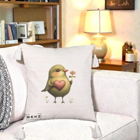 Perna Decorativa Pasare Verde cu Inima si Floare, 40x40 cm, Bej cu Franjuri, Husa Detasabila, Perna Inclusa, BEKZ®