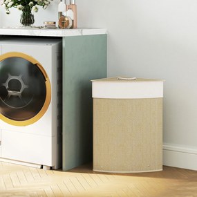 HOMCOM Coș de rufe din bambus 55L, coș triunghiular cu sac detașabil și lavabil, capac, mâner, 35x35x60cm, natural | Aosom Romania