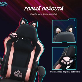 HOMCOM Scaun Gaming Ergonomic cu Urechi de Pisica, Roz | Aosom Romania