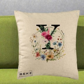 Cadou Personalizat - Perna Personalizata Monograma Florala Litera Y cu Coroana, 40x40 cm, Bej, Husa Detasabila, Perna Inclusa, BEKZ®
