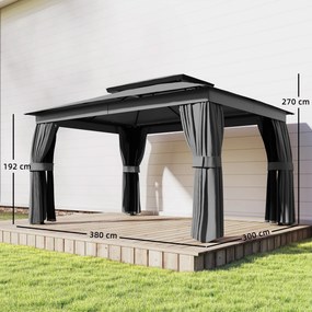 Outsunny Pavilion de Grădină 3,8x3 m cu Perdele, Plasă de Țânțari, Cârlige, Pavilion de Exterior cu Acoperiș Dublu, Orificii de Drenaj, Structură Metalică, pentru Grădină, Terasă, Petreceri, UV30+, Gri Închis | Aosom Romania