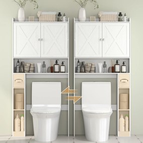 HOMCOM Mobilier WC deasupra toaletei cu dulap uși în formă de X, raft reglabil, compartimente și suport de hârtie, alb | Aosom Romania