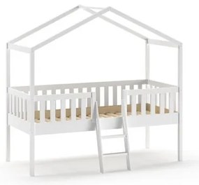 Pat Căsuță Supraetajat cu Scară, Alb, 90 x 200 cm, Pin Scandinavian – Dallas – Vipack
