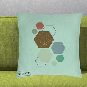 Perna Decorativa Geometric Hexagoane Multicolor, 40x40 cm, Verde Menta, Husa Detasabila, Perna Inclusa, BEKZ®