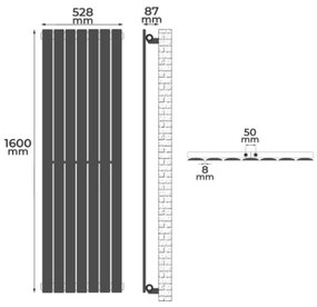 Radiator vertical, conexiune centrală, 1600 x 528 x 52 mm