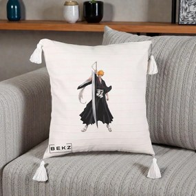 Perna Personalizata Bleach Ichigo Kurosaki Zangetsu, 40x40 cm, Bej cu Franjuri, Husa Detasabila, Perna Inclusa, BEKZ®