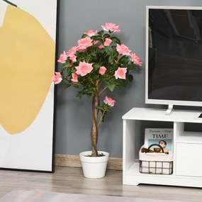 Outsunny Plantă Artificială de Trandafiri cu 21 de Flori, Ghiveci Umplut cu Ciment și Mușchi, Ø18x90 cm, Roz | Aosom Romania