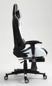 RESIGILAT- Scaun gaming, Masaj in 7 puncte, Boxe Bluetooth, funcție șezlong, 90-180 grade, suport picioare, sezut benzi elastice sustinere suplimentara, PU, Negru/Alb