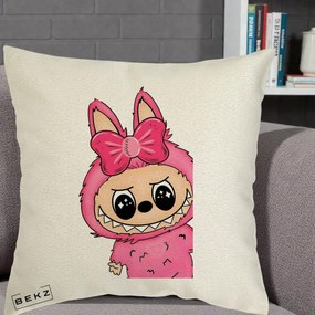Perna Personalizata Labubu Roz cu Funda, 40x40 cm, Ecru, Husa Detasabila, Perna Inclusa, BEKZ®