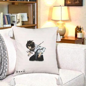 Perna Personalizata Death Note L Lawliet Lanturi, 40x40 cm, Bej cu Franjuri, Husa Detasabila, Perna Inclusa, BEKZ®