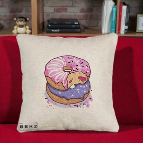 Perna Decorativa Donuts Roz si Mov, 40x40 cm, Bej Canapea, Husa Detasabila, Perna Inclusa, BEKZ®