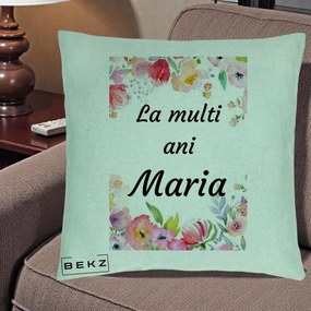 Cadou de Onomastica - Perna Personalizata La Multi Ani Maria Flori Acuarela, 40x40 cm, Verde Menta, Husa Detasabila, Perna Inclusa, BEKZ®