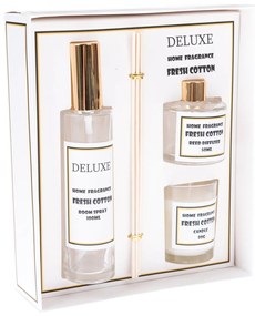 Set de spray parfumat, difuzor și lumânare Bumbac  proaspăt, 18,5 x 22 x 5,7 cm