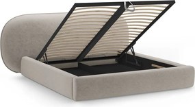 Pat matrimonial bej tapițat cu spațiu de depozitare cu somieră 160x200 cm Ovalo – Micadoni