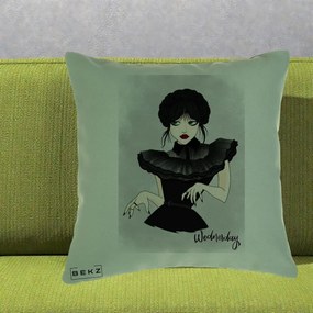 Perna Personalizata Wednesday Addams Portret Gotic, 40x40 cm, Verde, Husa Detasabila, Perna Inclusa, BEKZ®