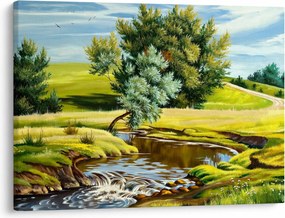 Tablou - Râu între câmpii, pictură în ulei (70x50 cm)