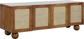 Bufet din lemn de acacia, natur, cu 4 uși cu panouri din ratan împletit și picioare sferice, finisaj natural, 60 x 165 x 45 cm, „Savanah”