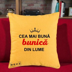 Cadou pentru Bunica - Perna Personalizata Cea Mai Buna Bunica Din Lume Coroana Neagra, 40x40 cm, Galben, Husa Detasabila, Perna Inclusa, BEKZ®