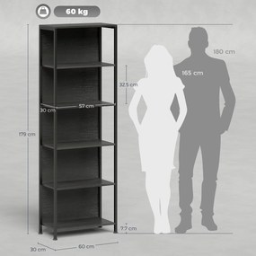 HOMCOM Bibliotecă cu 5 Rafturi, Verticală cu Iluminare LED în 7 Culori, Economisire Spațiu pentru Living, Dormitor și Birou, 60x30x179 cm, Negru | Aosom Romania