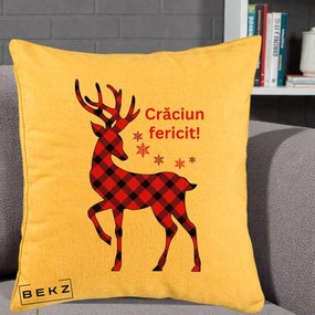 Perna Decorativa Ren Tartan Craciun Fericit, 40x40 cm, Galben, Husa Detasabila, Perna Inclusa, BEKZ®
