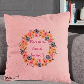 Cadou pentru Bunica - Perna Personalizata Cea Mai Buna Bunica Coronita Flori Multicolore, 40x40 cm, Roz, Husa Detasabila, Perna Inclusa, BEKZ®