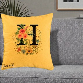 Cadou Personalizat - Perna Personalizata Monogram Litera H cu Flori Acuarela, 40x40 cm, Galben, Husa Detasabila, Perna Inclusa, BEKZ®