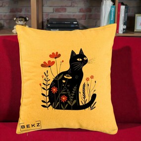 Perna Decorativa Pisica Neagra Flori Rosii Folk, 40x40 cm, Galben, Husa Detasabila, Perna Inclusa, BEKZ®