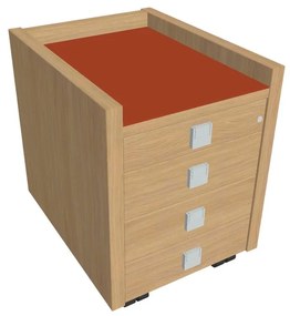 Comodă mobilă Verno 47 x 60 cm cu sticlă, 4 sertare, stejar deschis / portocaliu