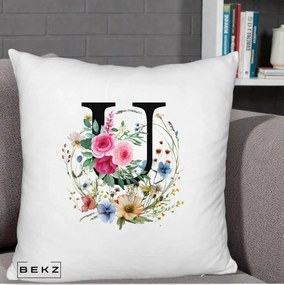 Cadou Personalizat - Perna Personalizata Monogram Litera U cu Flori Acuarela, 40x40 cm, Alb Pufos, Husa Detasabila, Perna Inclusa, BEKZ®
