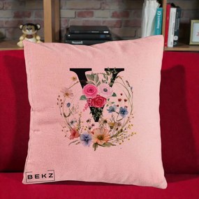 Cadou Personalizat - Perna Personalizata Monograma Florala Litera V cu Coroana, 40x40 cm, Roz, Husa Detasabila, Perna Inclusa, BEKZ®