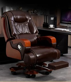 Regal Elite – Scaun directorial din Piele Naturală si Lemn Masiv, Masaj in 7 puncte, Funcție Încălzire, Înclinare 135°, Suport Picioare Extensibil, Sezut cu Arcuri, Telecomandă, Maro