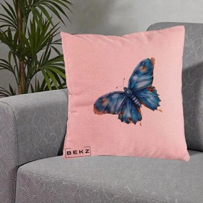 Perna Decorativa Fluture Albastru Satin cu Pete Aurii, 40x40 cm, Roz, Husa Detasabila, Perna Inclusa, BEKZ®